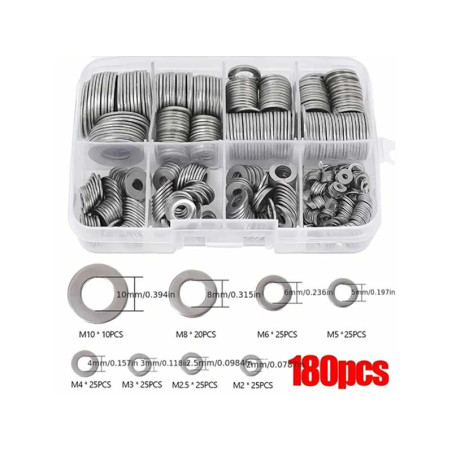 Metal washers of various diameters set of 180 pcs
