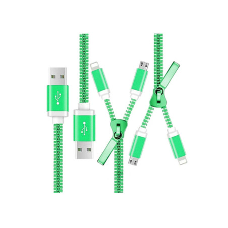 Cable 2in1 microUSB/Iphone zipper type green