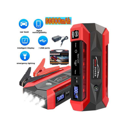 Prostownik samochodowy, 99800mAh, 600A, 12V, 4 porty USB, latarka LED