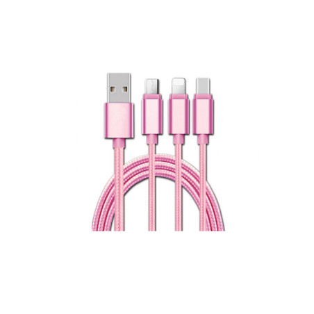 Kabel USB 3w1 microUSB/iPhone/typ C, różowy