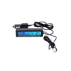 Clock with outdoor-indoor thermometer and car voltmeter